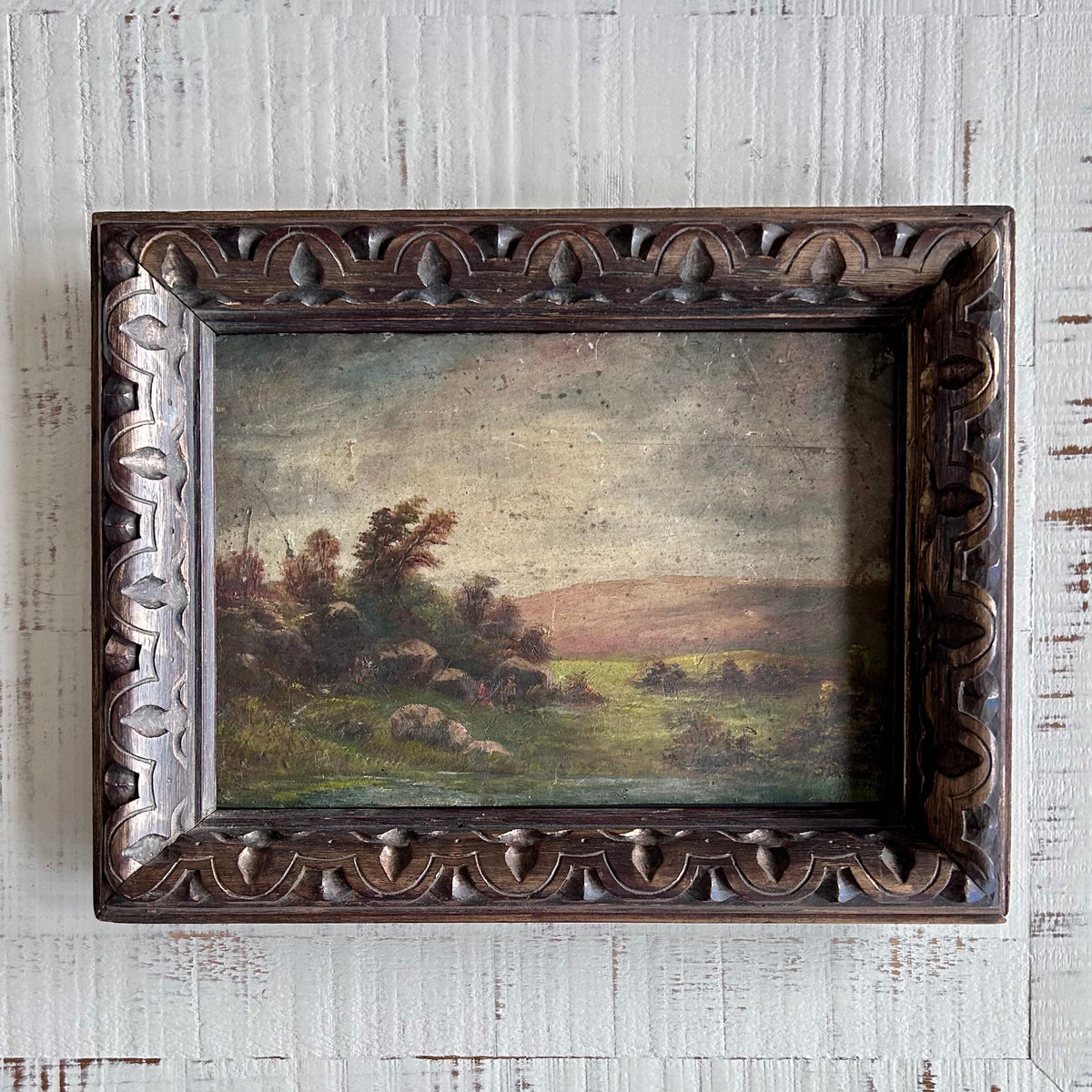 Antique Pastoral Landscape Oil Painting in Hand-Carved Wooden Frame