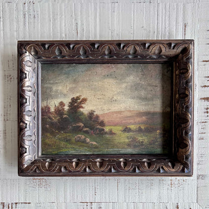 Antique Pastoral Landscape Oil Painting in Hand-Carved Wooden Frame