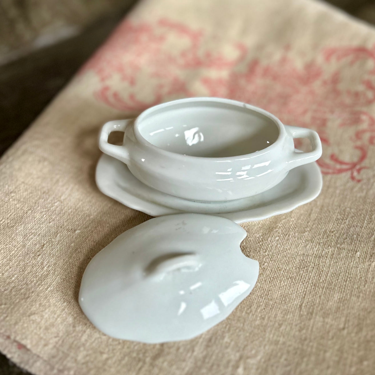 Petite Ironstone Covered Dish with Attached Underplate