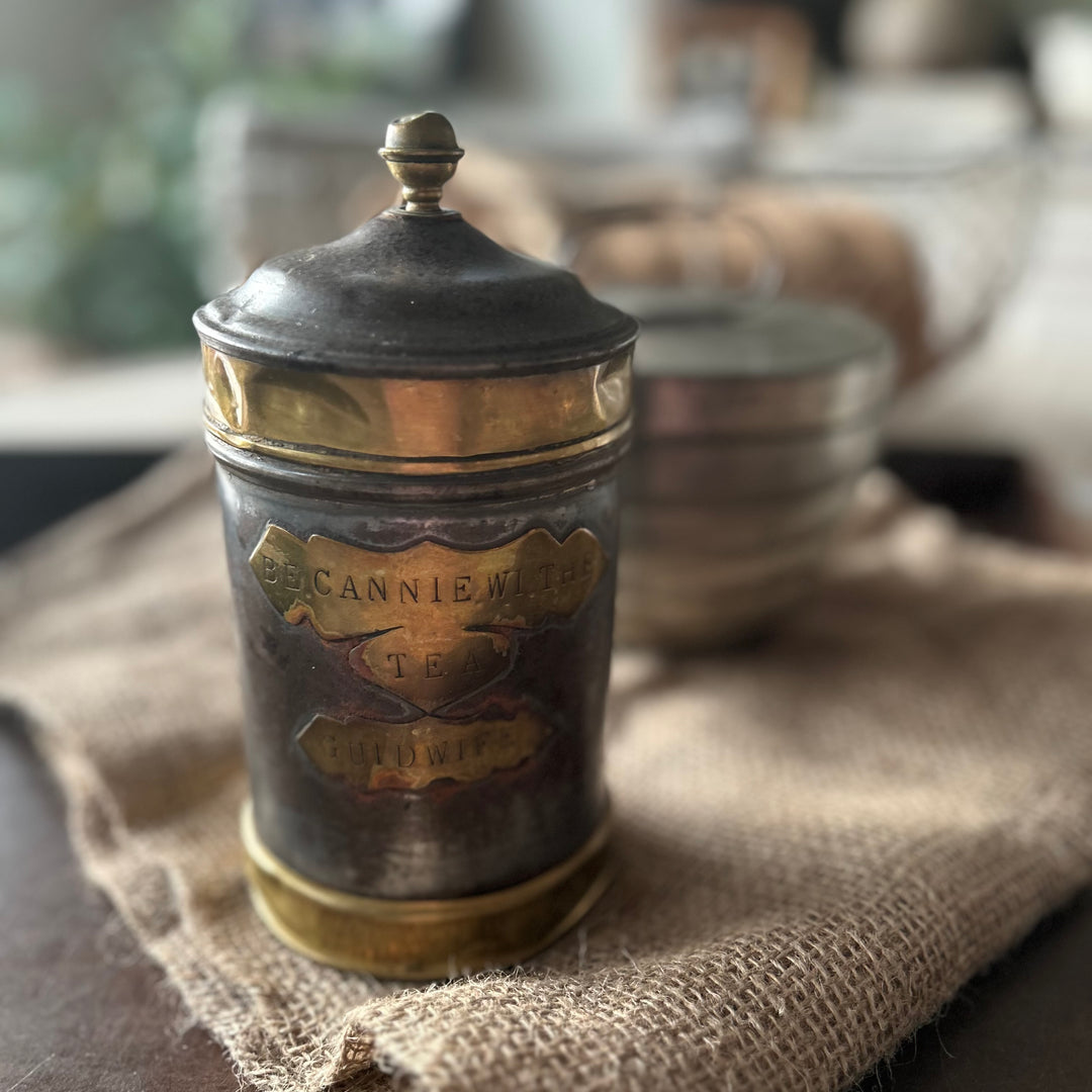 Be Cannie wi’ the Tea, Guidwife” Victorian Tin & Brass Caddy