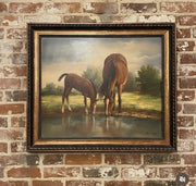“By the Water’s Edge” — Vintage Horse & Foal Oil Painting