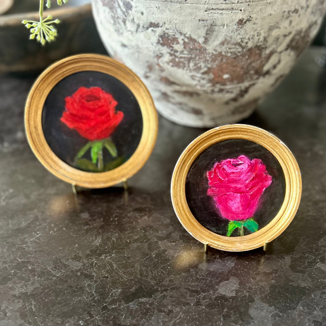 Miniature Rose Oil Paintings in Gilt Frames