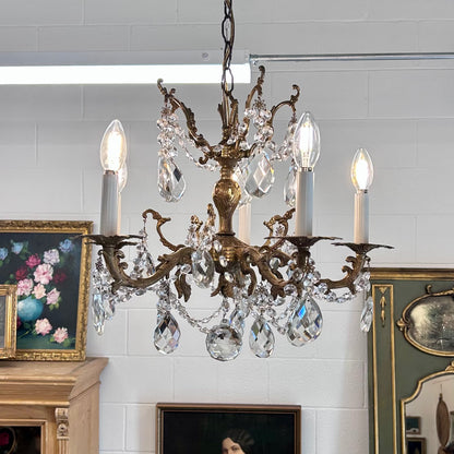 Vintage French Style Cast Brass & Crystal Chandelier