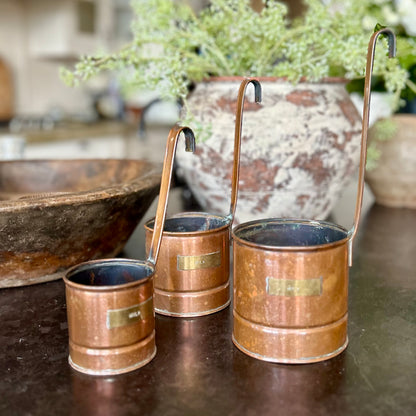 Vintage Copper Hanging Milk Measure Set (3) | European Kitchen Utility