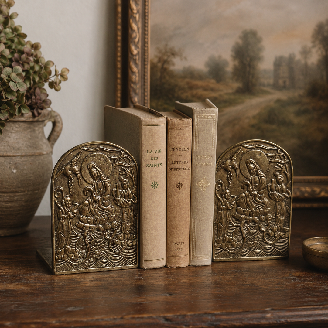 Antique Brass Bookends with Asian-Inspired Figural Relief
