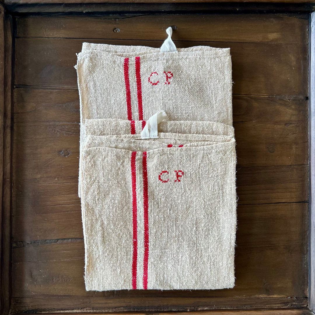 Antique French Linen Torchon with Red Grain Stripe & Monogram