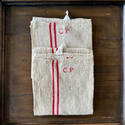 Antique French Linen Torchon with Red Grain Stripe & Monogram