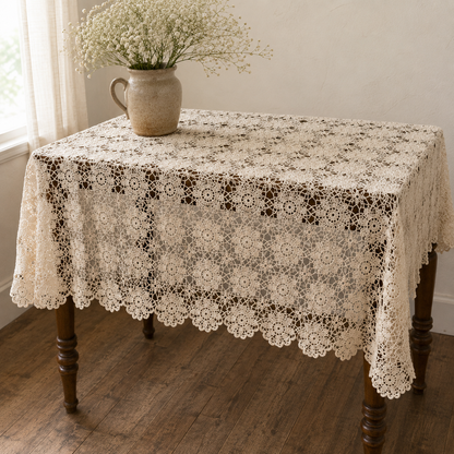 Vintage Handmade Floral Crochet Lace Tablecloth
