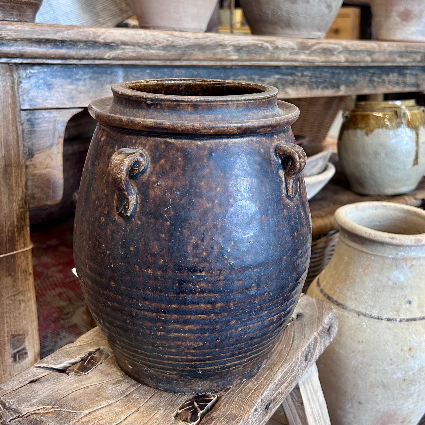 Vintage Brown Glazed Stoneware Storage Jar