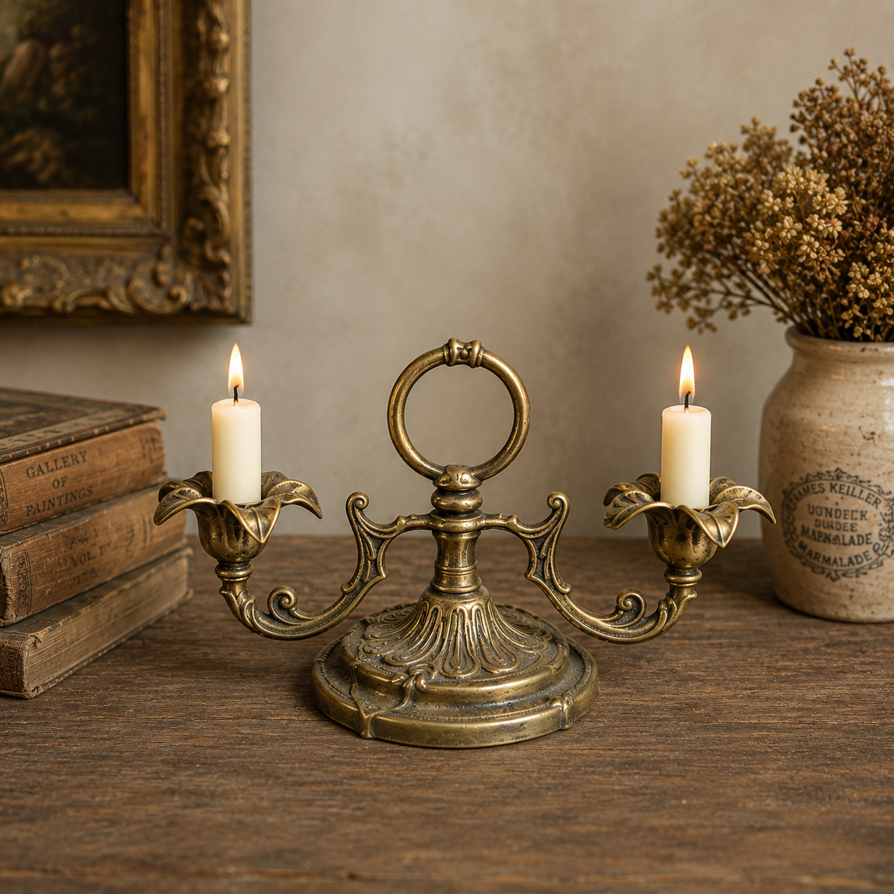 English Antique Brass Two-Arm Candelabrum with Handle