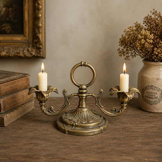English Antique Brass Two-Arm Candelabrum with Handle