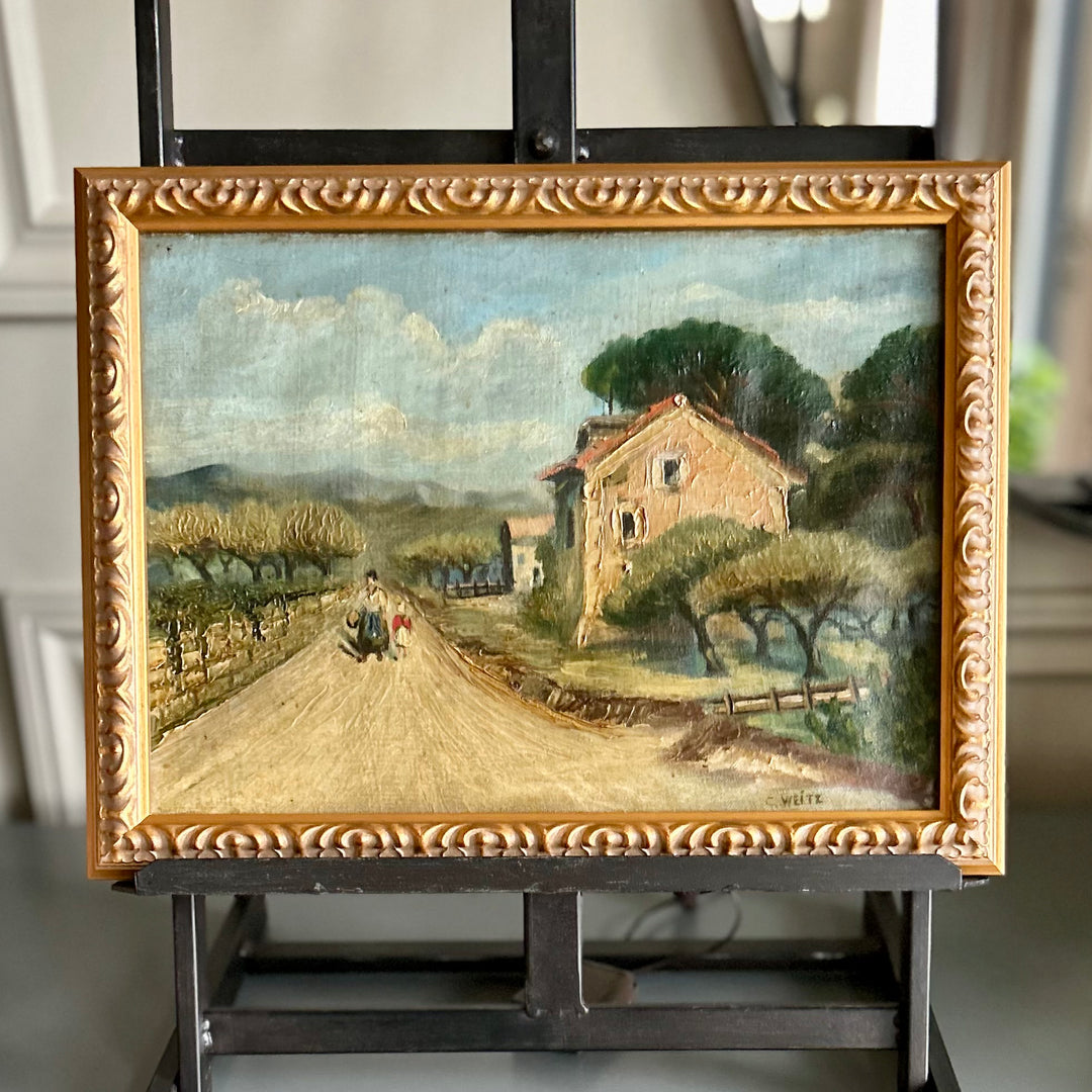 Antique French Country Landscape Oil on Canvas