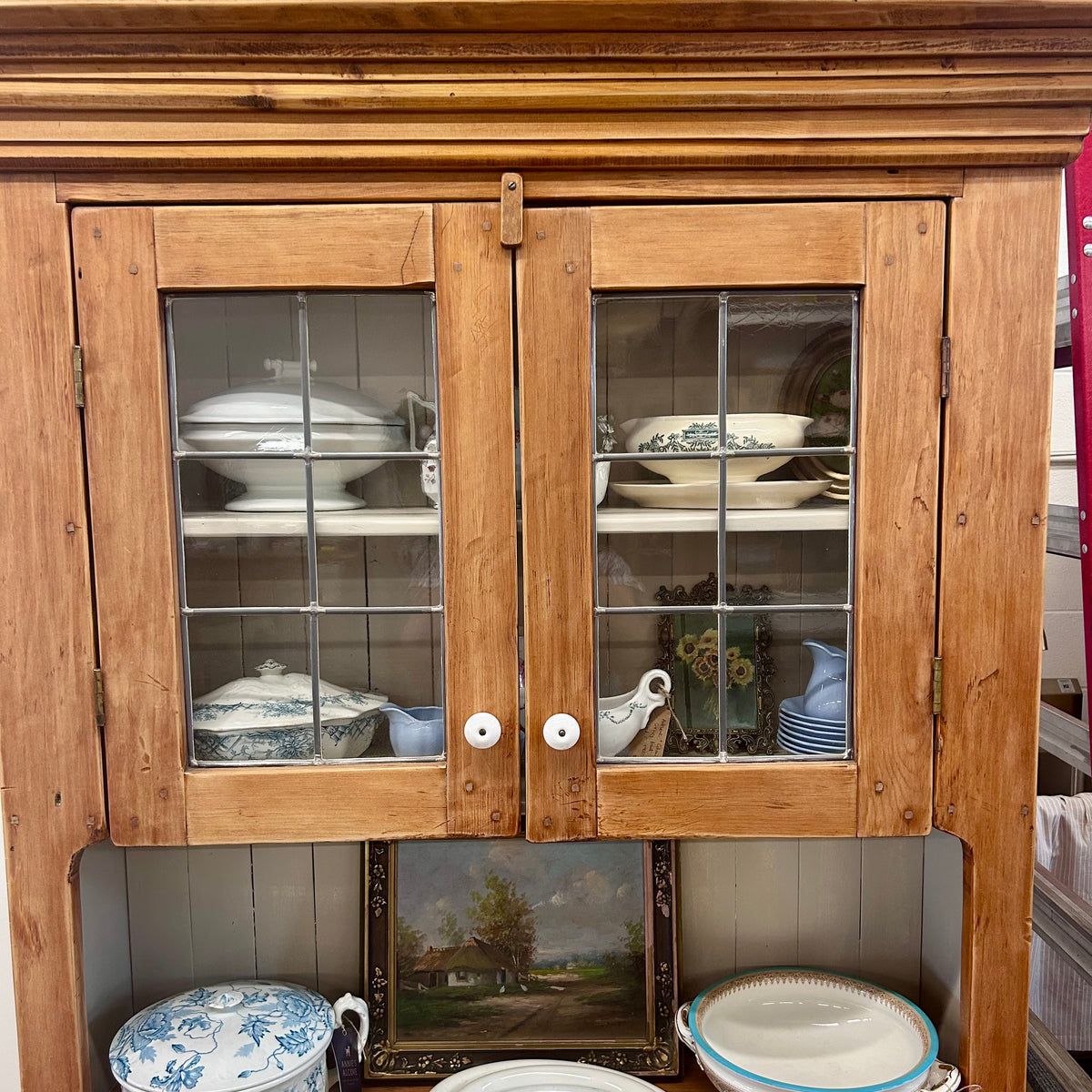 Antique Pine Glazed Hutch Cabinet