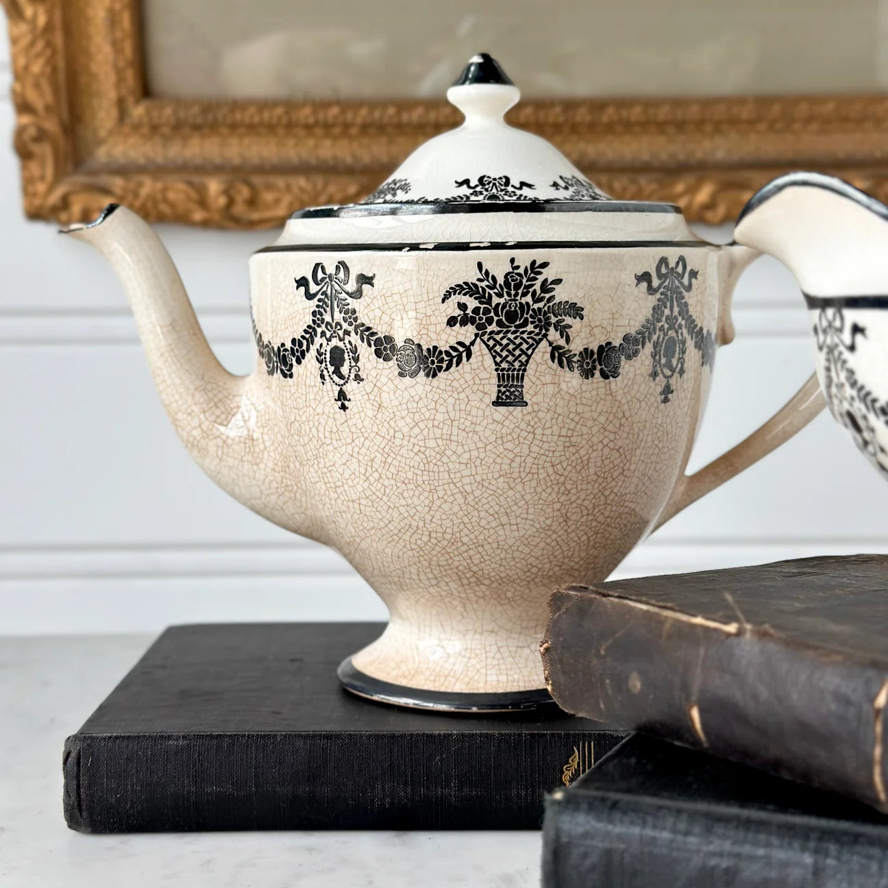 Antique English Black Transferware Three-Piece Tea Set Circa 1825–1845