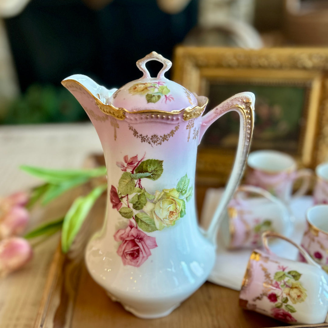 Antique P.K. Silesia Prussian Porcelain Chocolate Service with Hand-Painted Roses Circa 1890-1910