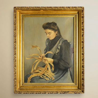 Early 20th Century Belgian Oil Painting of Basket Weaver by Robert Folville (1883–1954)