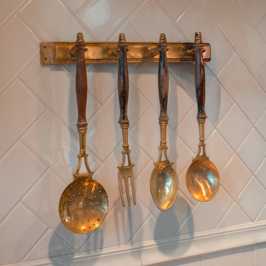 Vintage brass & wood kitchen utensil set