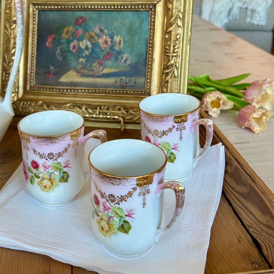 Antique P.K. Silesia Prussian Porcelain Chocolate Service with Hand-Painted Roses Circa 1890-1910
