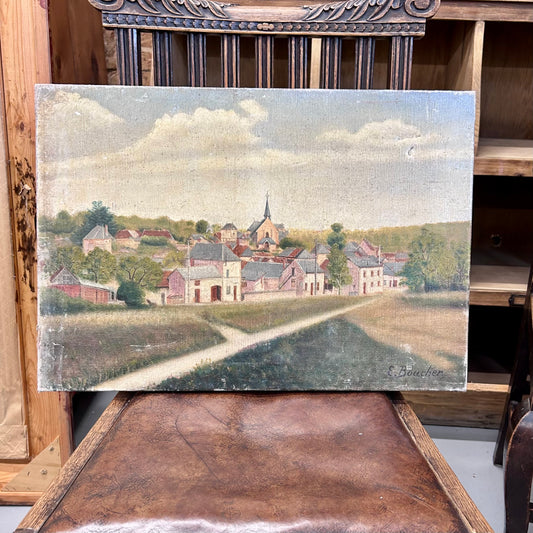 Antique French Village Landscape Oil Painting, Signed E. Boucher