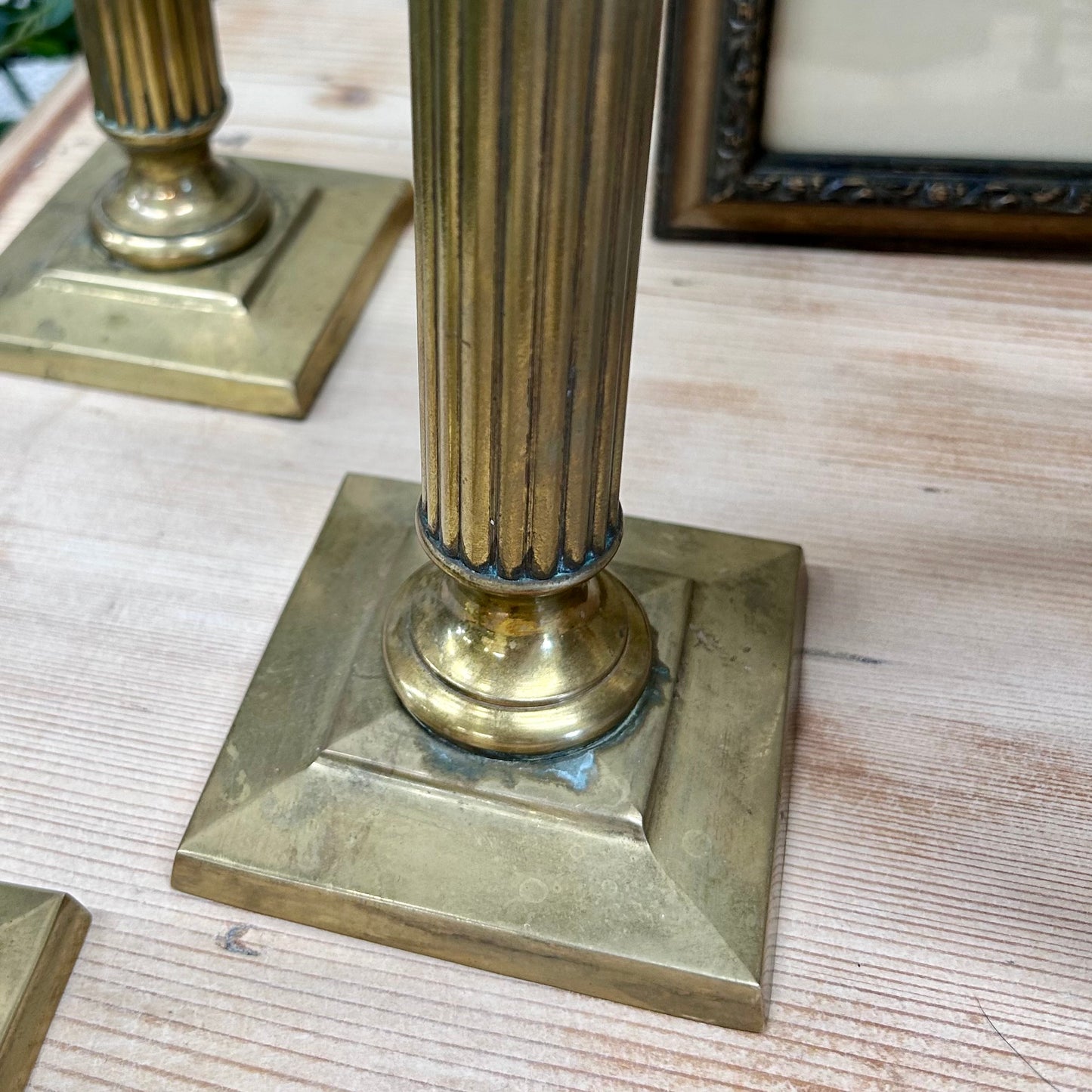 Antique Brass Neoclassical Column Candlesticks | Set of Three