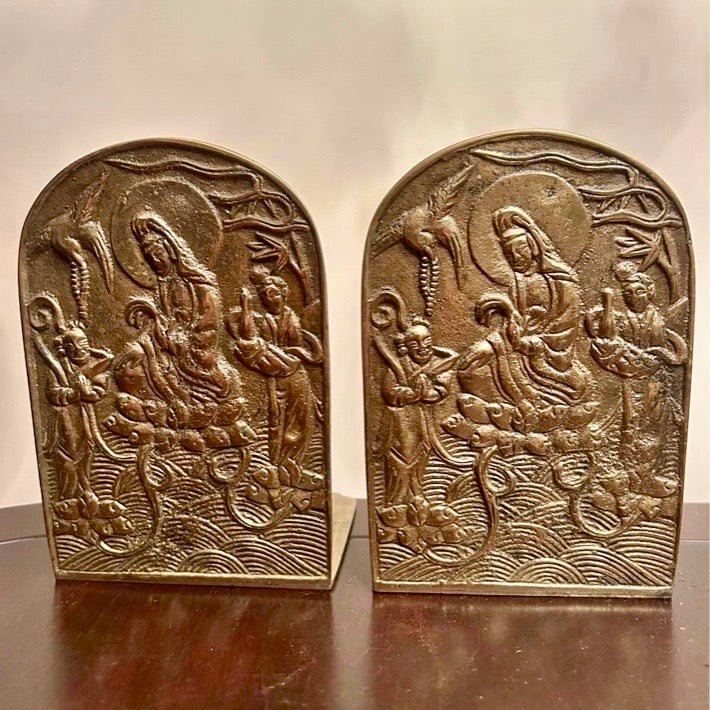 Antique Brass Bookends with Asian-Inspired Figural Relief