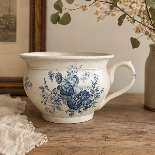 Antique French Sarreguemines “Flore” Blue Transferware Chamber Pot | Circa 1880–1900