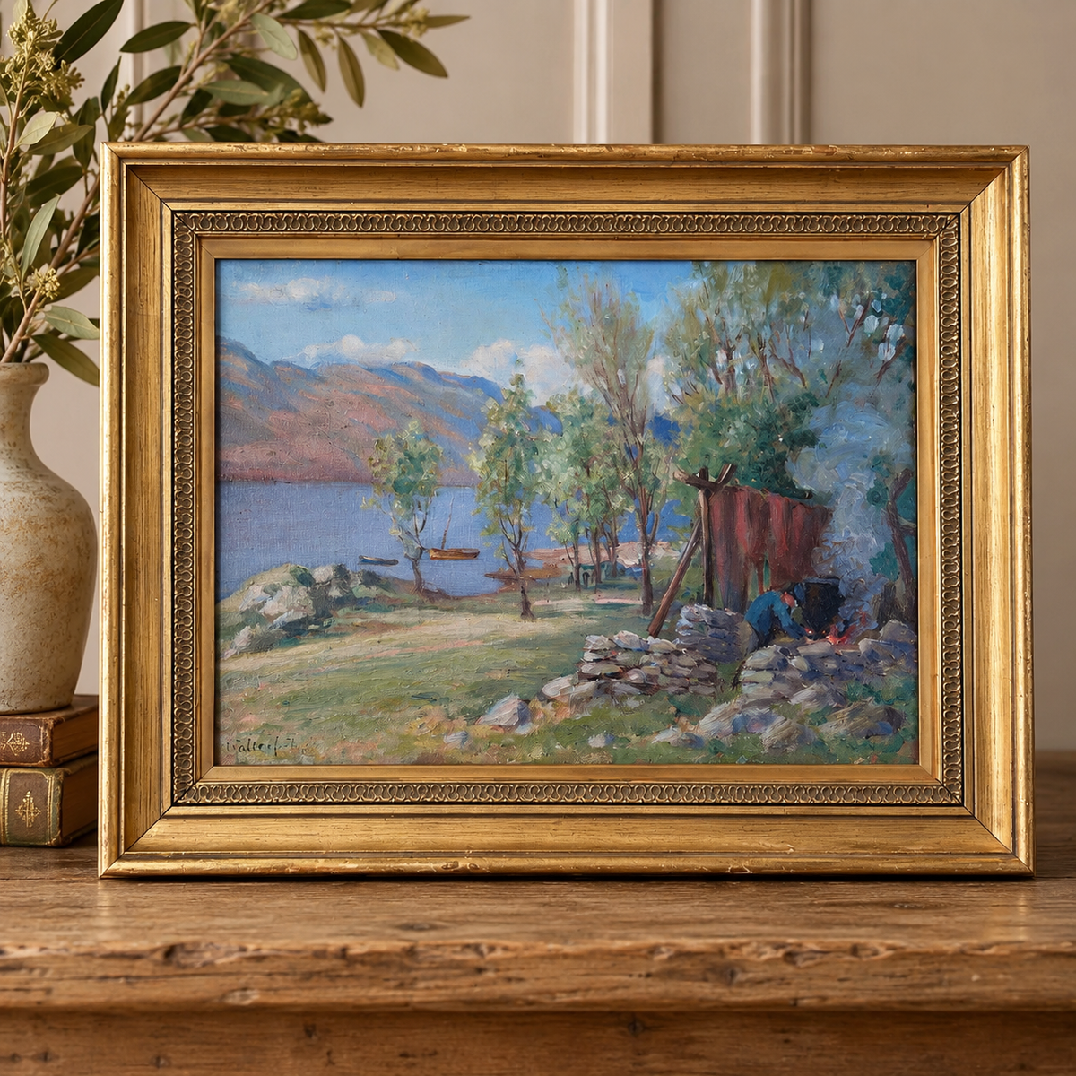 Vintage Original Oil Painting – Lakeside Landscape in Gilt Fram
