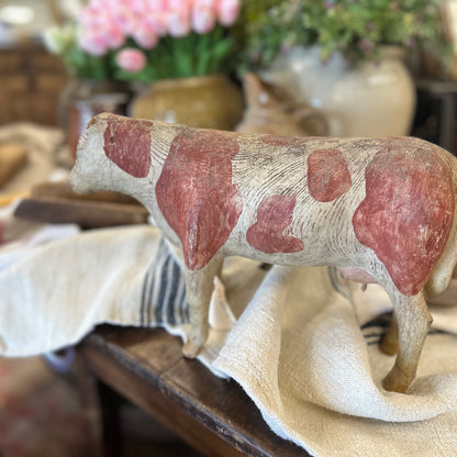 Antique Hand-Carved Wooden Folk Art Cow (circa 1880–1920).