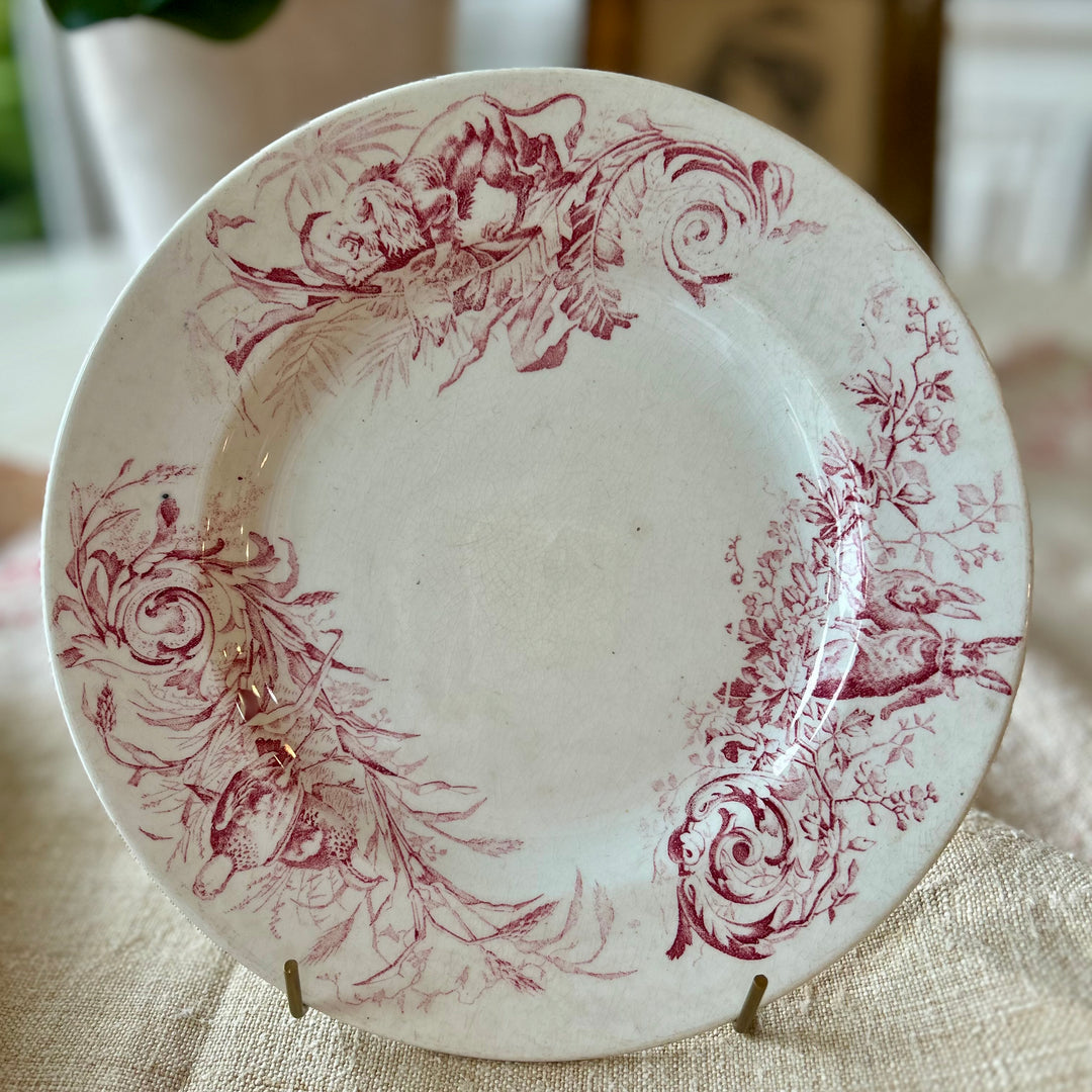 Antique French Lunéville “Chassé” Transferware Plate – Lion, Hare & Pheasant Motif in Deep Rose