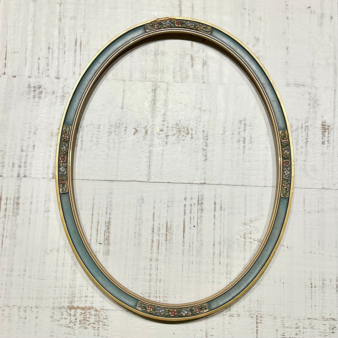 Antique Oval Painted Frame — Blue & Gilt with Floral Cartouches