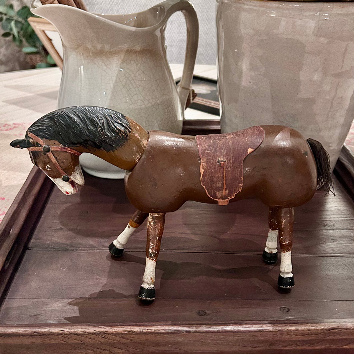 Antique Articulated Wooden Toy Horse with Original Leather Tack | Circa 1890