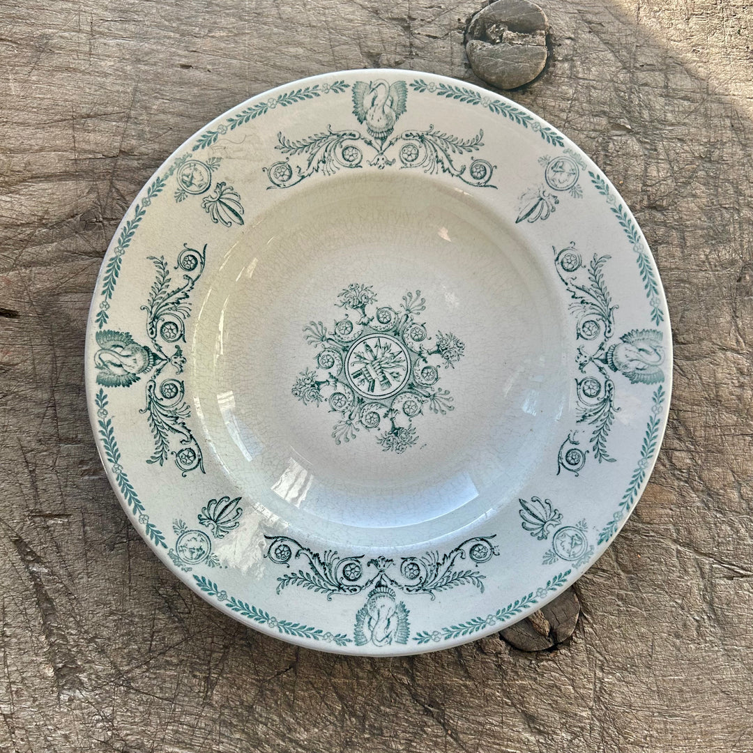 Antique French Faïence Soup Plate | KG Lunéville | Green Transferware Border