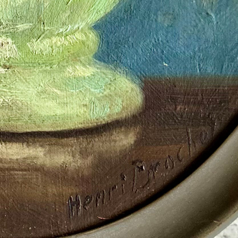 Antique oval floral still life oil on board