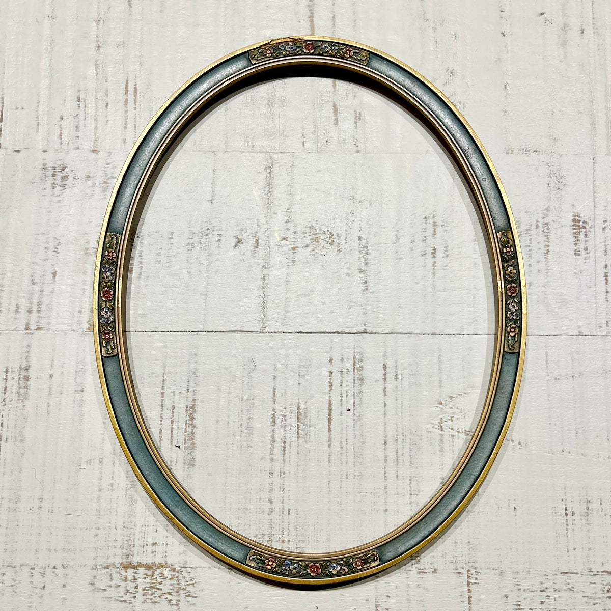 Antique Oval Painted Frame — Blue & Gilt with Floral Cartouches
