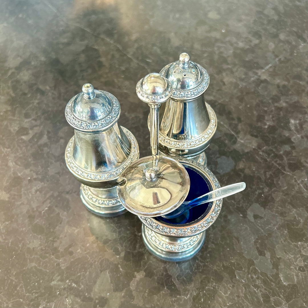 Vintage Ianthe silverplate condiment set