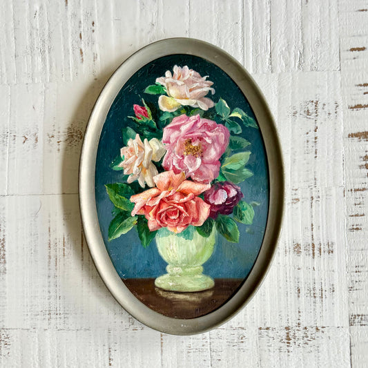 Antique oval floral still life oil on board