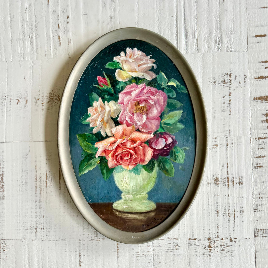 Antique oval floral still life oil on board