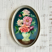 Antique oval floral still life oil on board