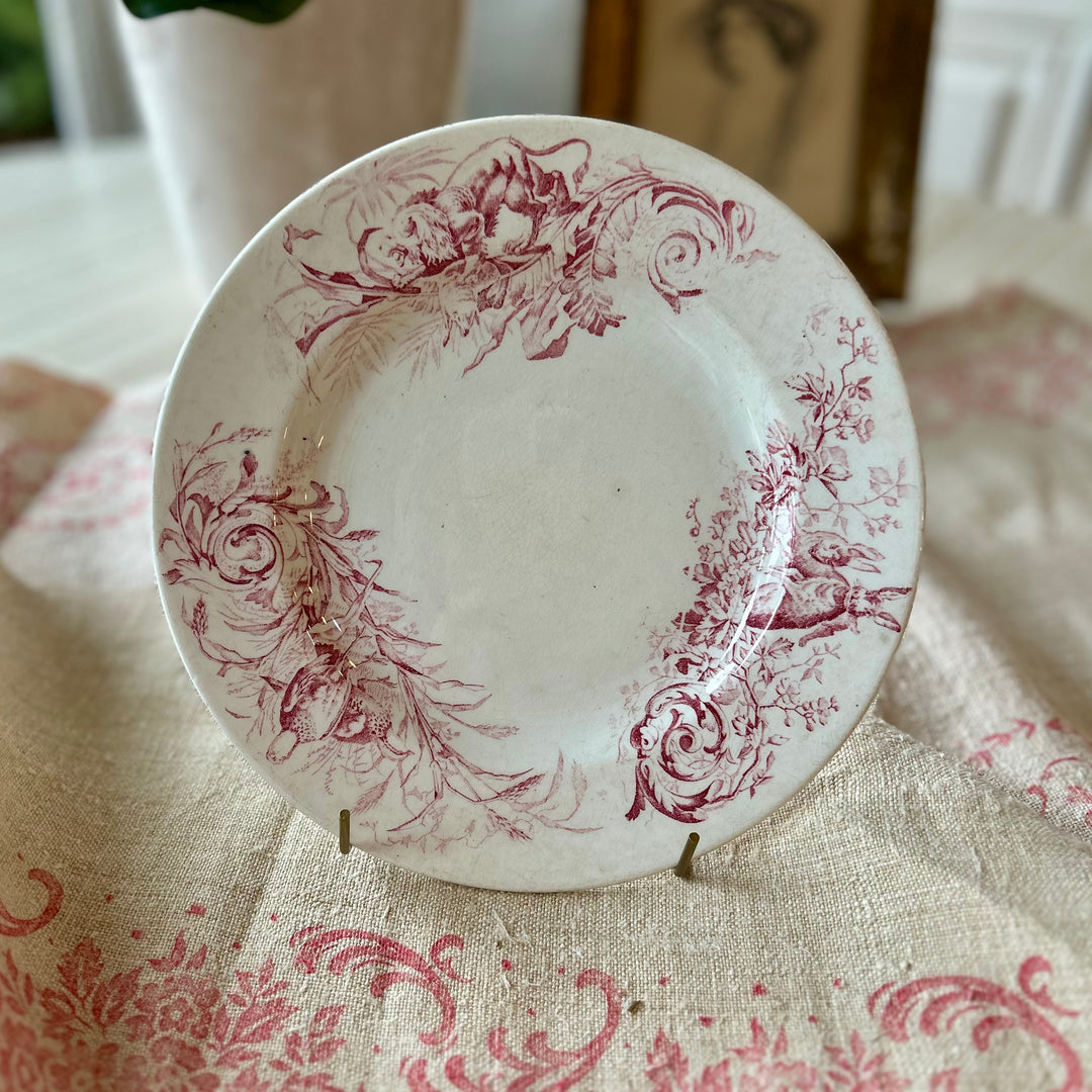 Antique French Lunéville “Chassé” Transferware Plate – Lion, Hare & Pheasant Motif in Deep Rose