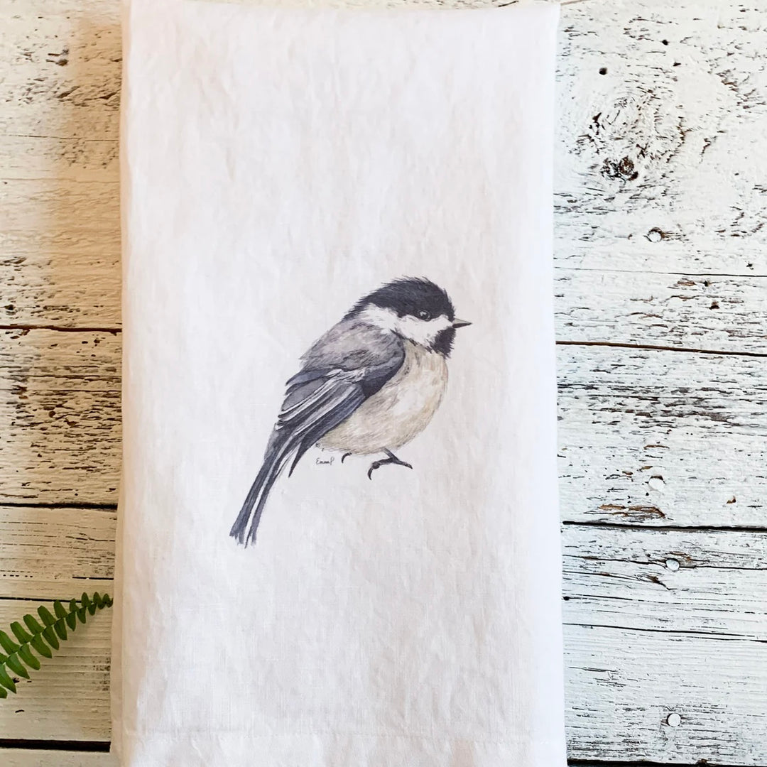 Chickadee French linen tea towel