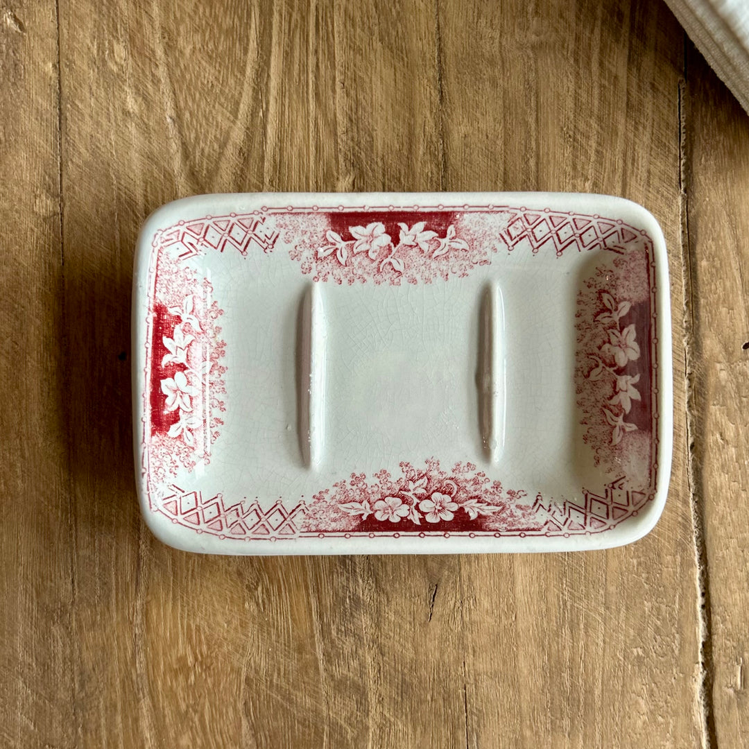 Antique French Ironstone Soap Dish – Sarreguemines (Burgundy Transferware)