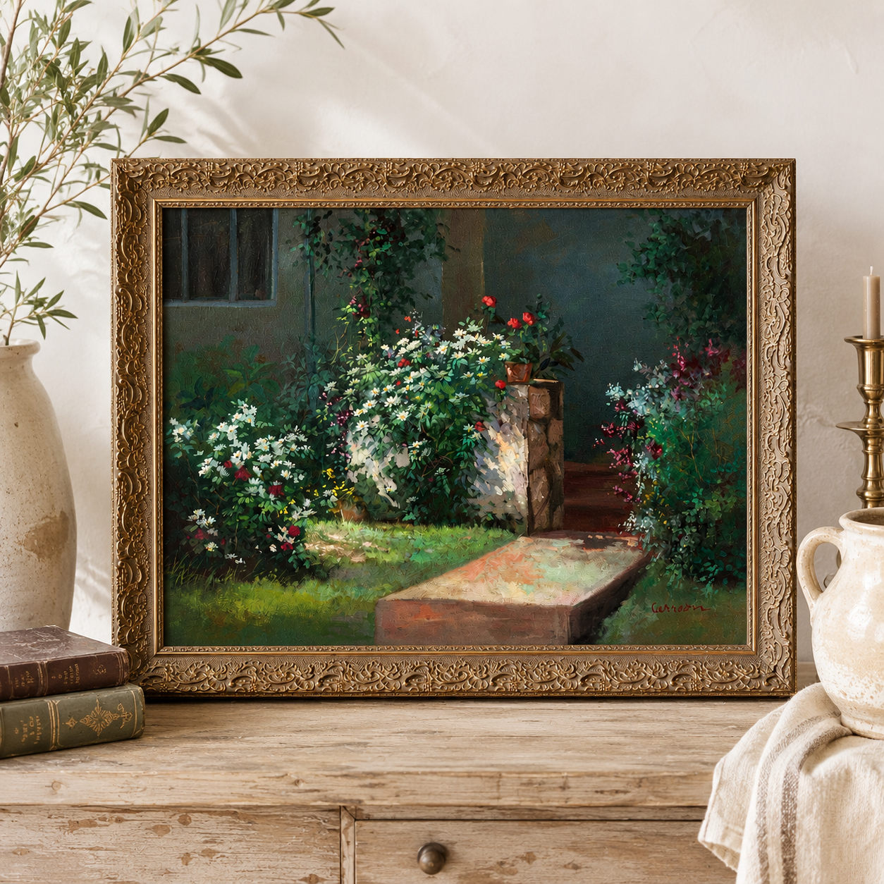 Vintage Original Garden Oil Painting in Ornate Gilt Frame