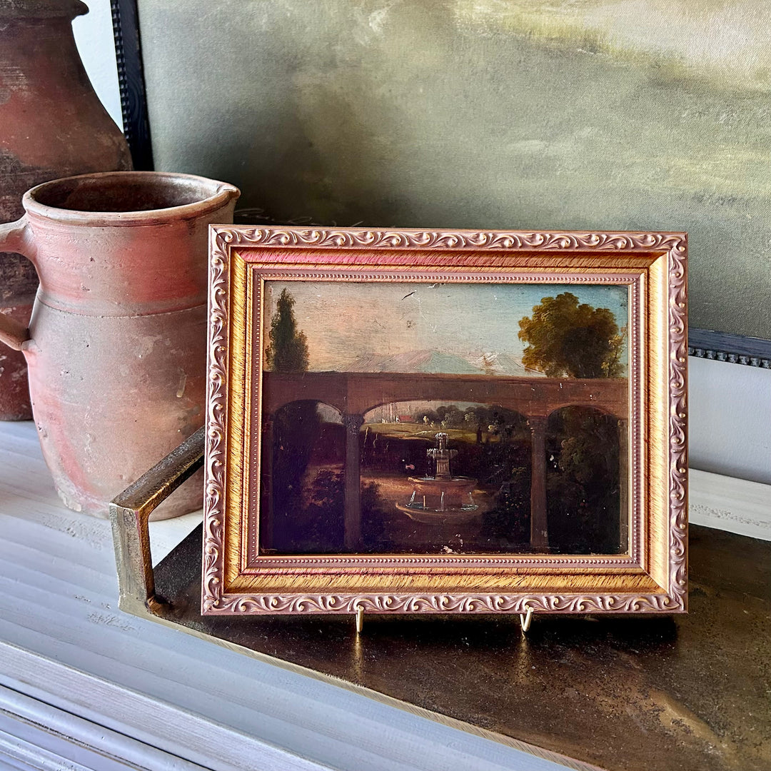 Antique European Fountain Landscape on Wood Panel in vintage style frame