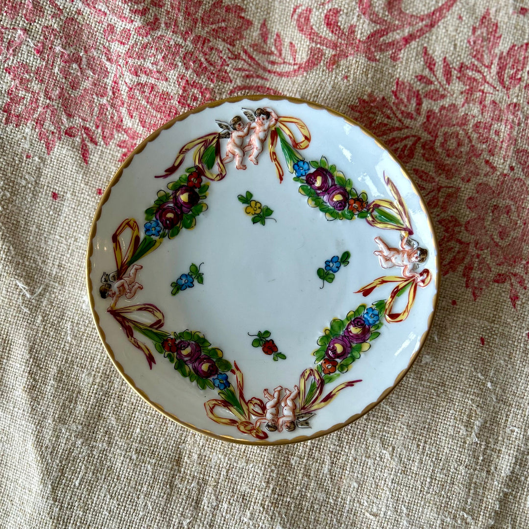 Petite French Porcelain Dish with Raised Cherubs and Floral Garland