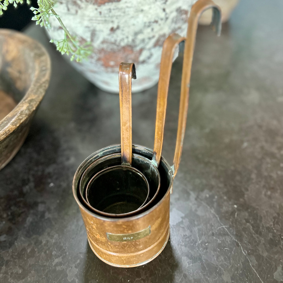 Vintage Copper Hanging Milk Measure Set (3) | European Kitchen Utility