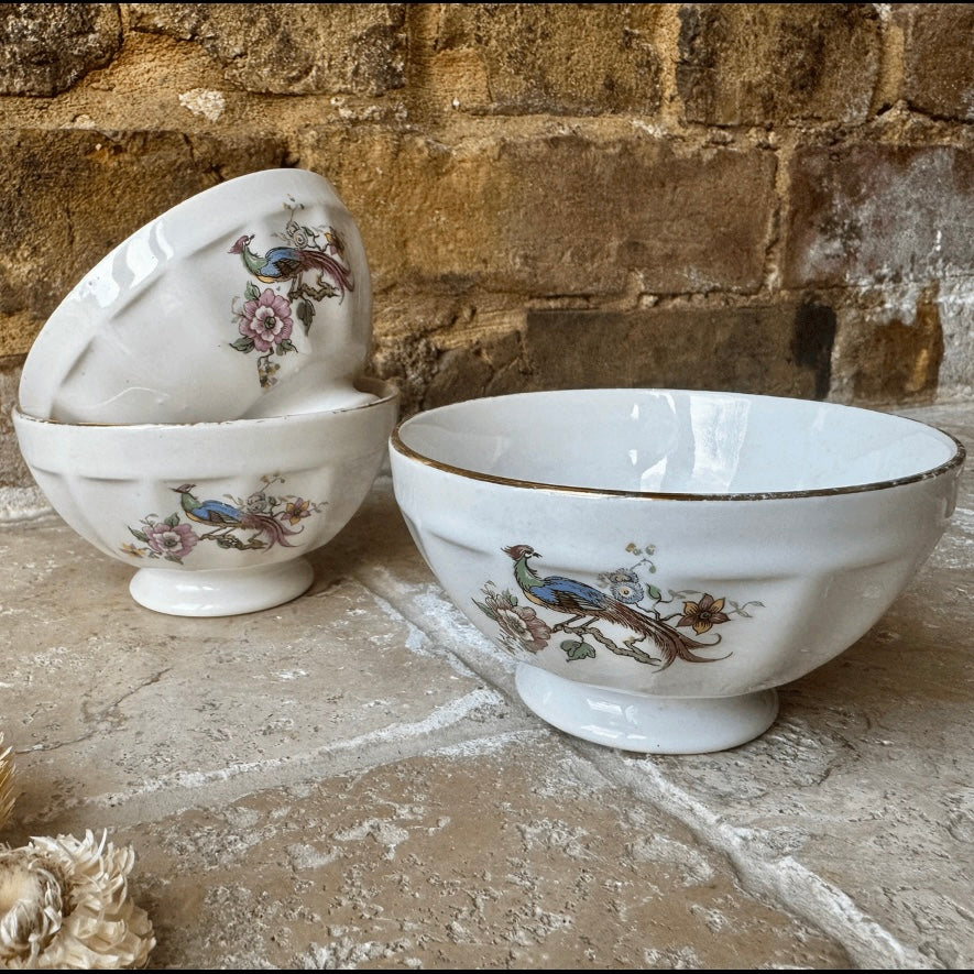 Set of Three French Café au Lait Bowls with Bird Motif

France, c. 1930s–1940s