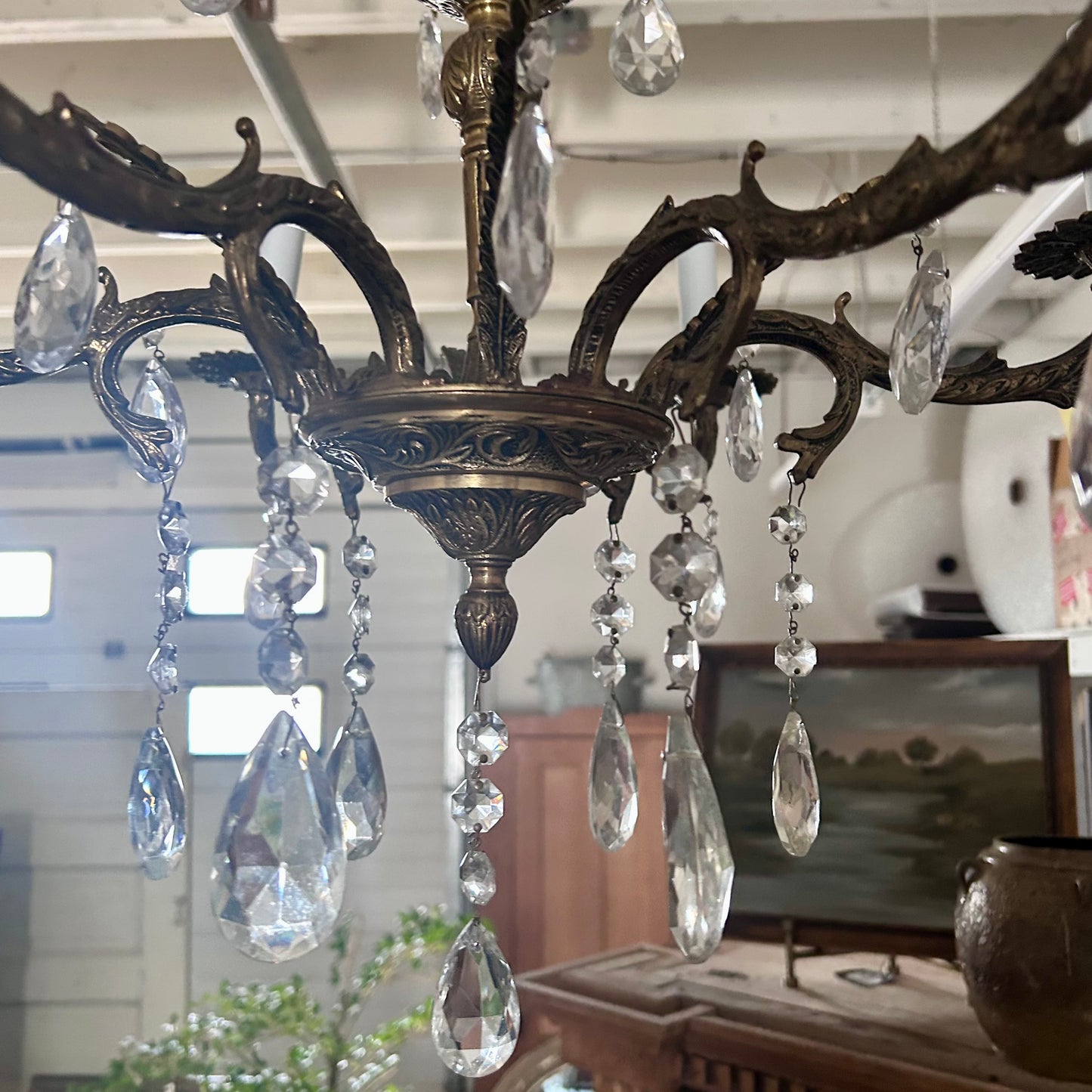 Vintage French-Style Brass & Crystal Six-Light Chandelier