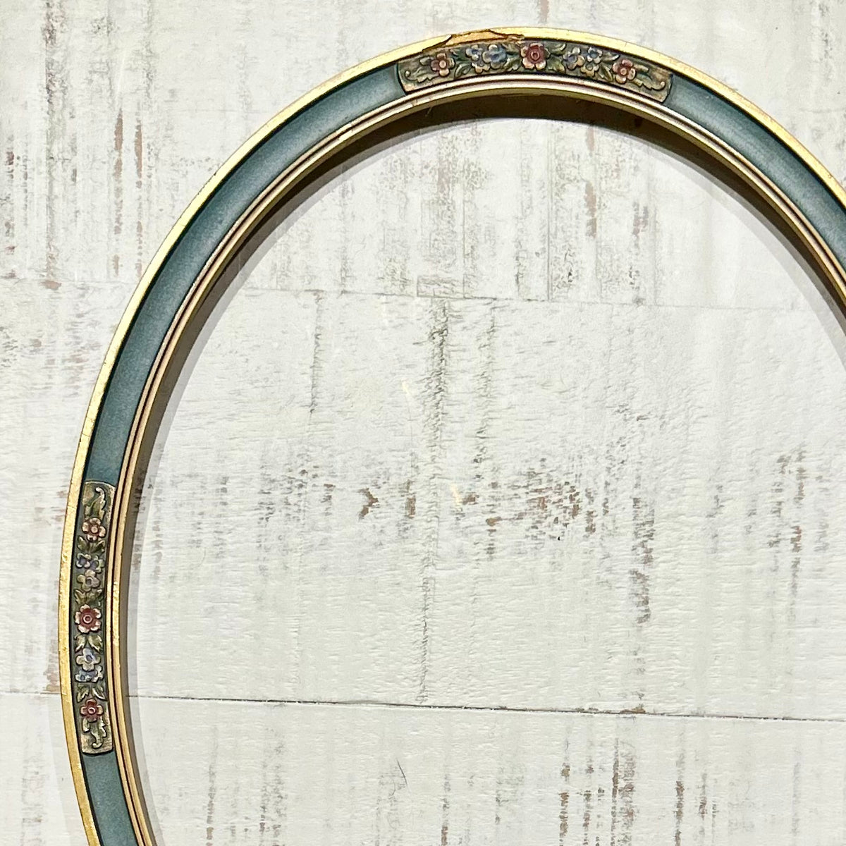 Antique Oval Painted Frame — Blue & Gilt with Floral Cartouches