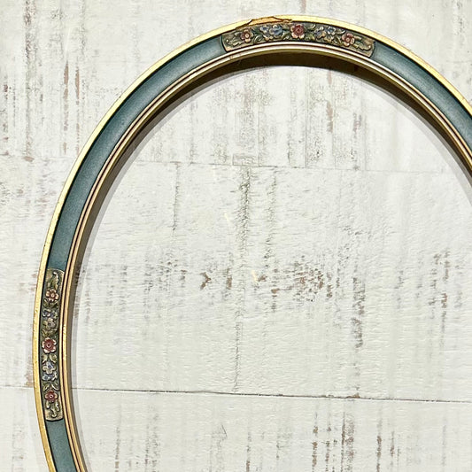 Antique Oval Painted Frame — Blue & Gilt with Floral Cartouches