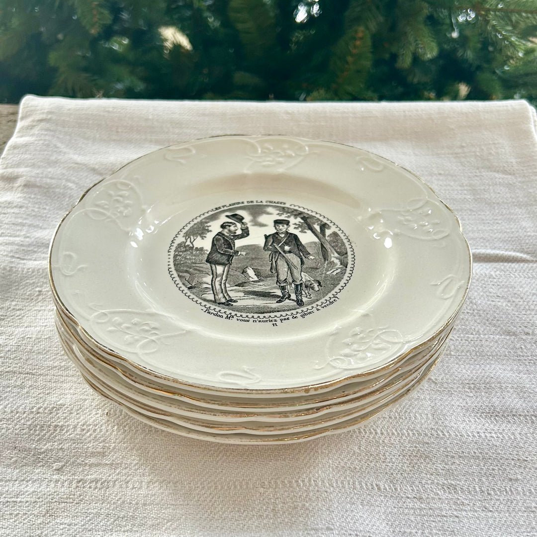 Set of Five Antique French Transferware Plates – Les Plaisirs de la Chasse, c.1850s